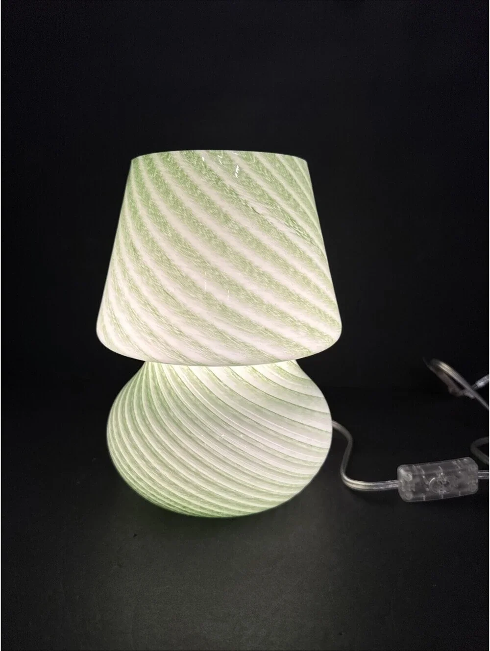 Vintage Swirl Green Frosted Murano Style Glass Table Lamp  10.25” H By 7.5” W